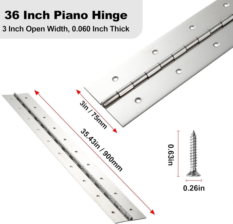 FVSEC 2 Pcs Heavy Duty Piano Hinge 36 Inch x 3 Inch Width, True 0.060'' Thick Stainless Steel Piano Hinge for Heavy Duty Cabinet, Door, Toolbox, Wooden Box, Metal Plate, Furniture, Industrial Project - Image 2